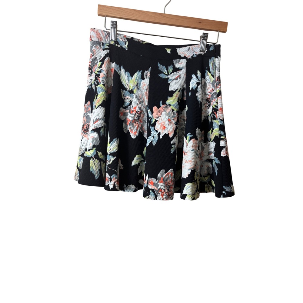 LUSH Womens Floral Skater Skirt L Black Textured Mini Fit and Flare Preppy
